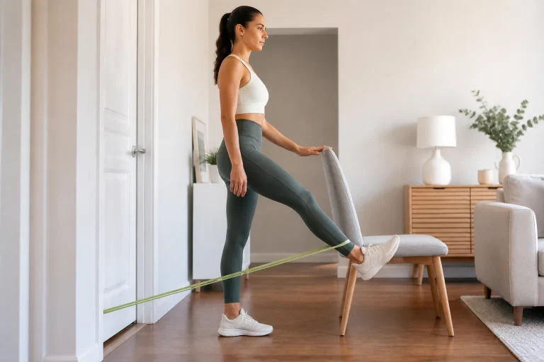 Une femme réalise debout une extension de jambe avec un élastique léger dans un salon.