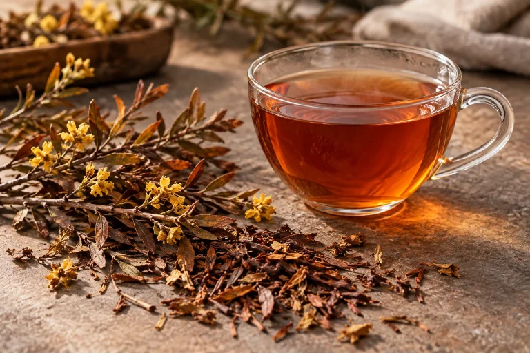 Une tasse d’infusion ambrée est entourée de feuilles brun-roux et de petites fleurs jaunes séchées.
