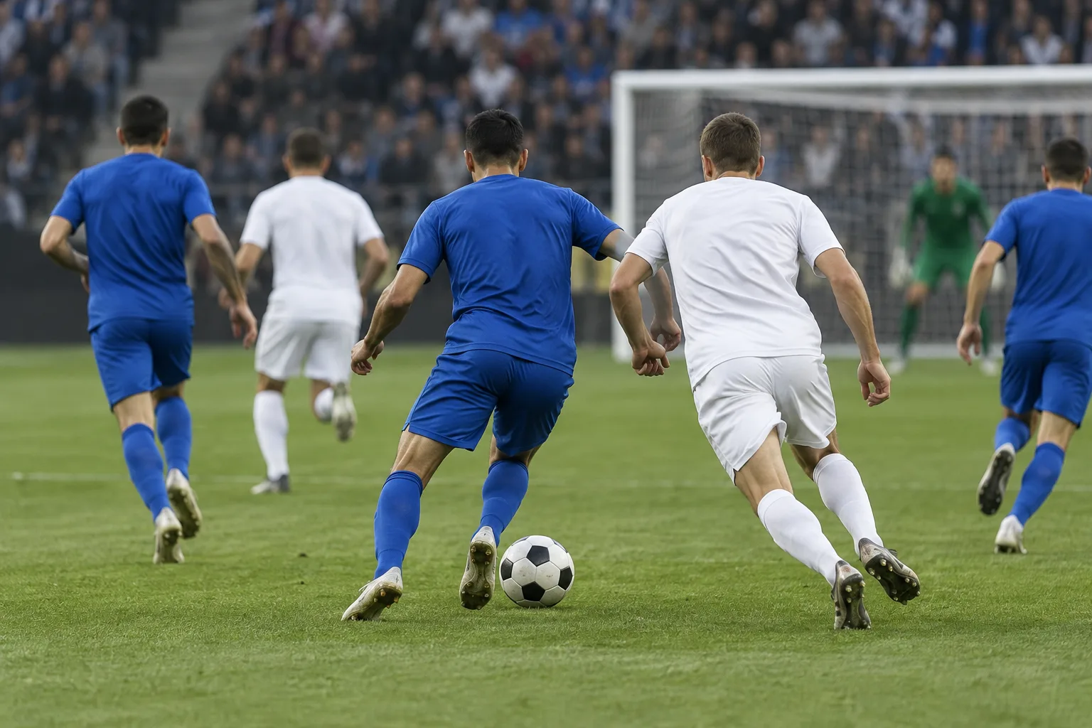 Plusieurs joueurs de football non identifiables disputent un match avec des maillots unis.