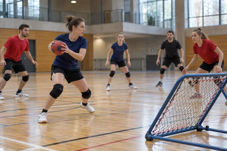 Des joueurs de tchoukball évoluent avec un ballon devant un cadre de rebond incliné.