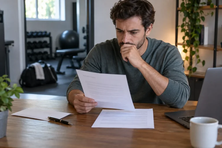 Un homme relit des documents génériques à un bureau avec un sac de sport en arrière-plan.