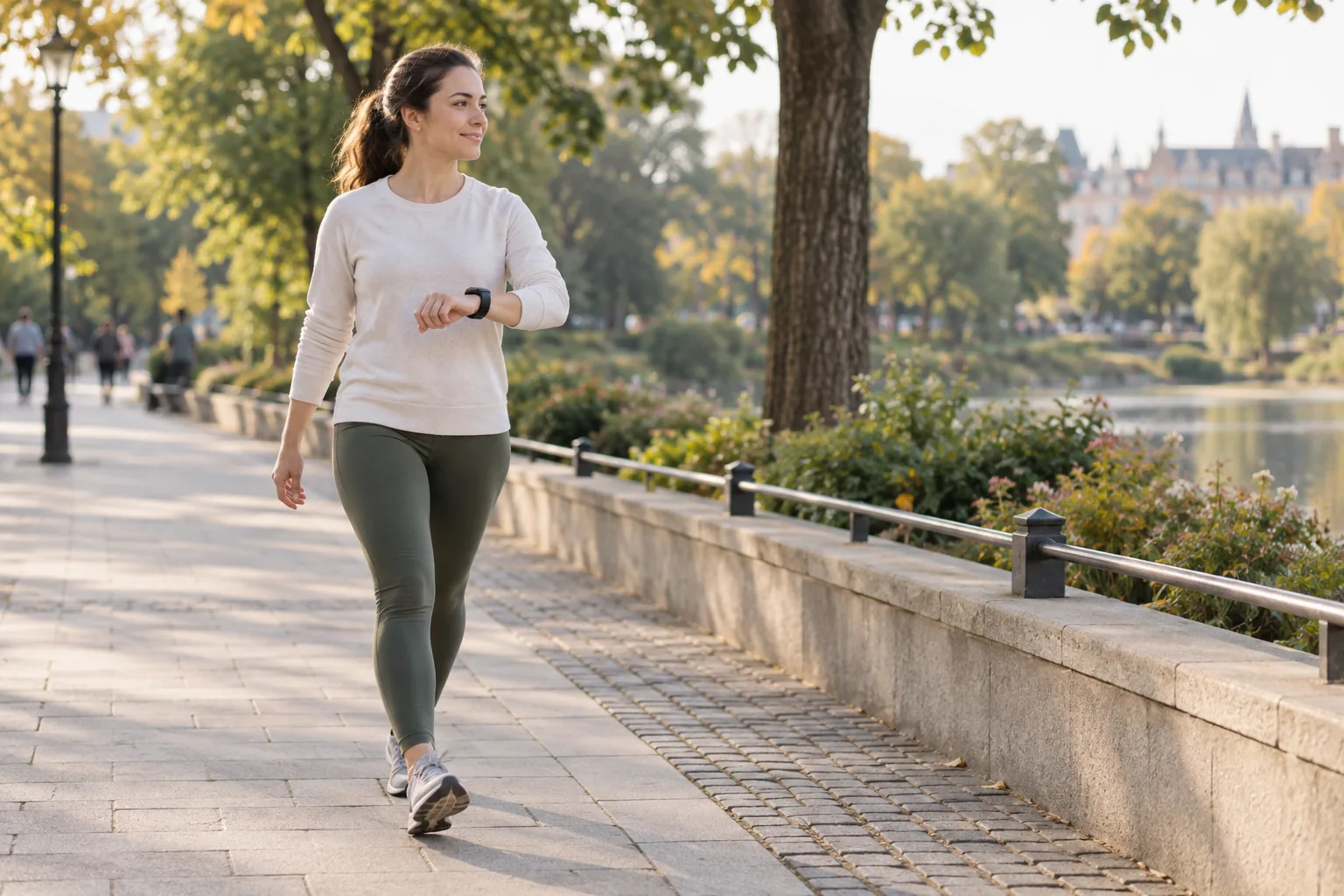 Une femme marche sur une promenade urbaine bordant un parc avec une montre au poignet.