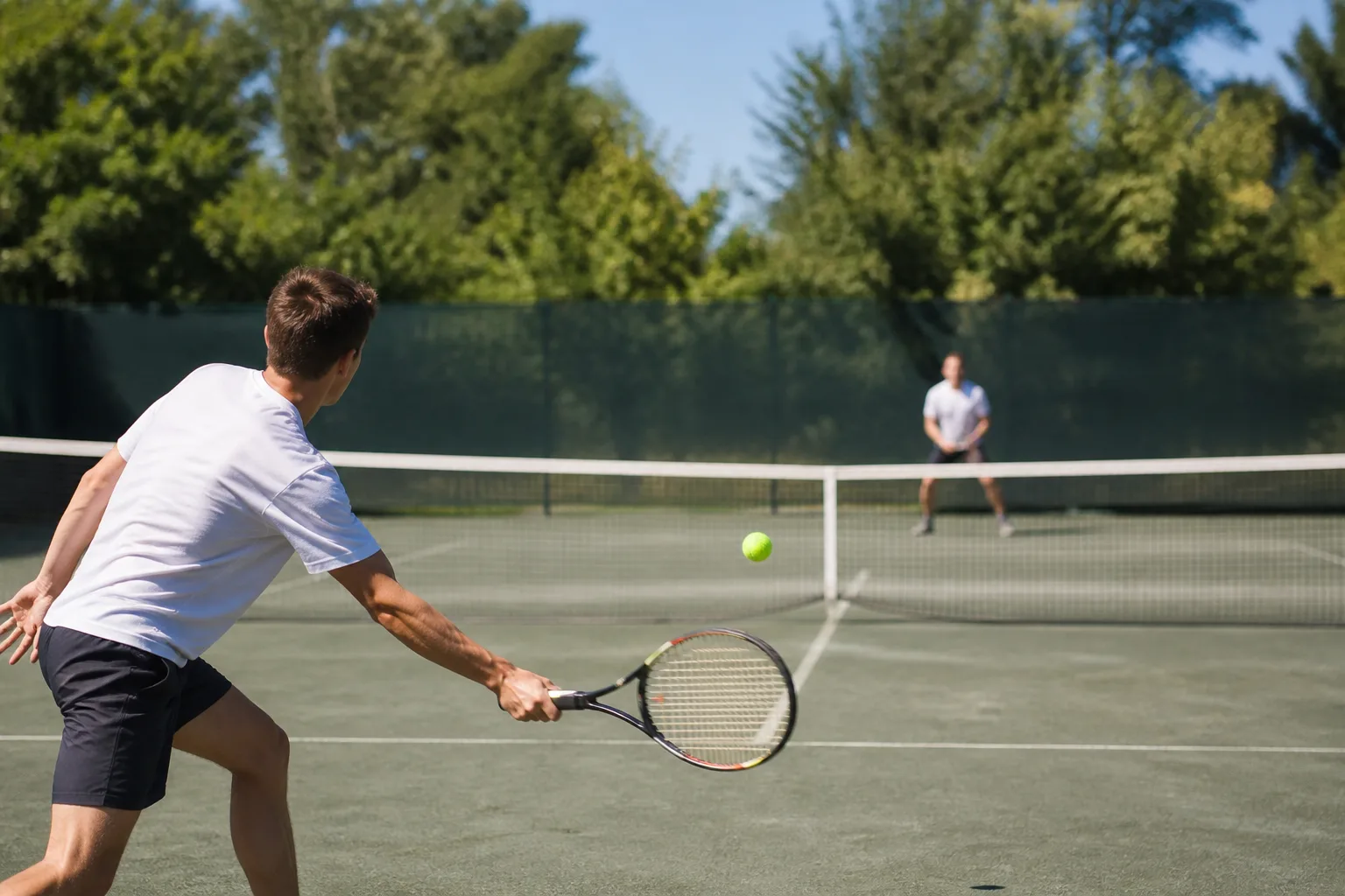 Deux joueurs disputent un échange sur un court de tennis extérieur bordé d’arbres.