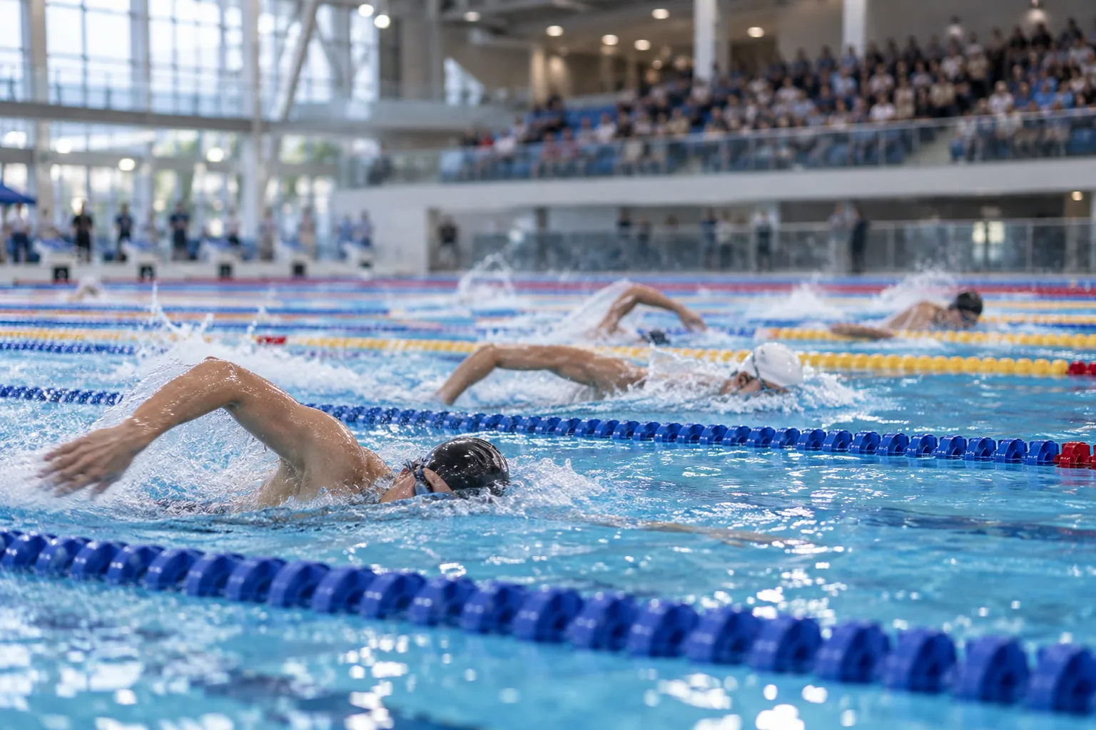 Des nageurs génériques disputent une course dans les couloirs d’une piscine intérieure.