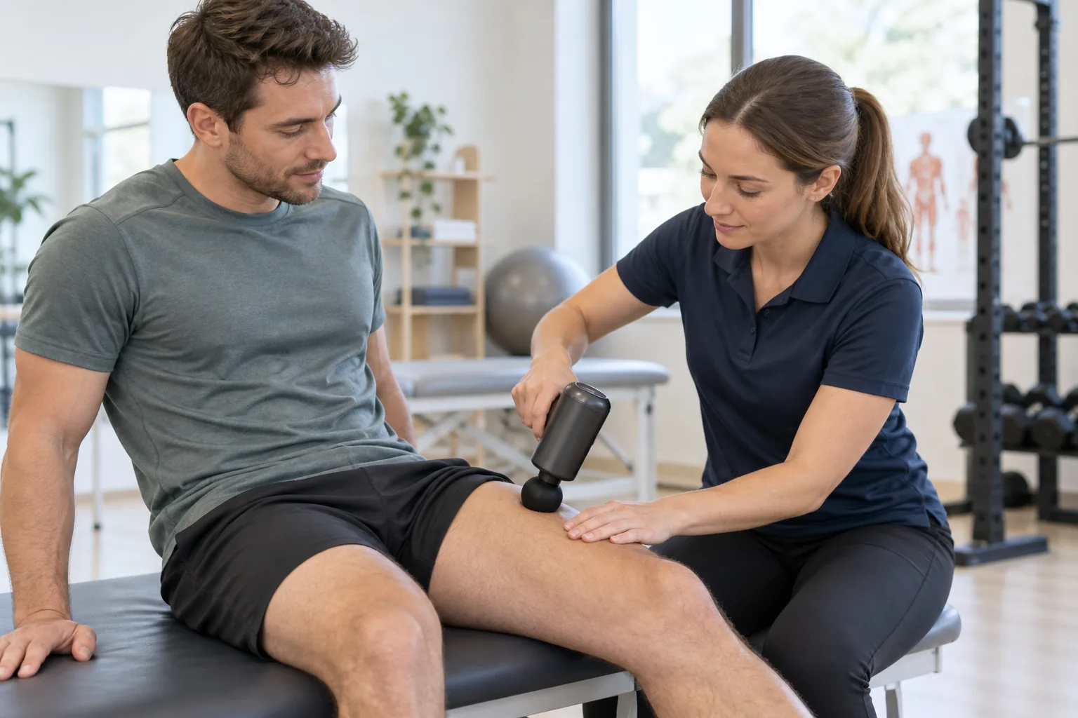 Une professionnelle applique un pistolet de massage générique au milieu du quadriceps d’un adulte.