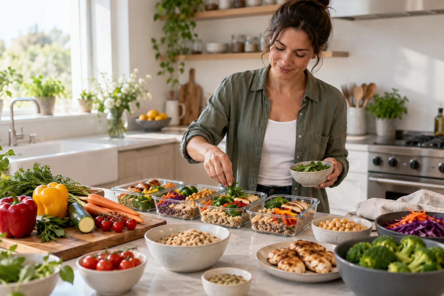 Une femme prépare plusieurs repas composés de légumes, céréales et protéines dans une cuisine.