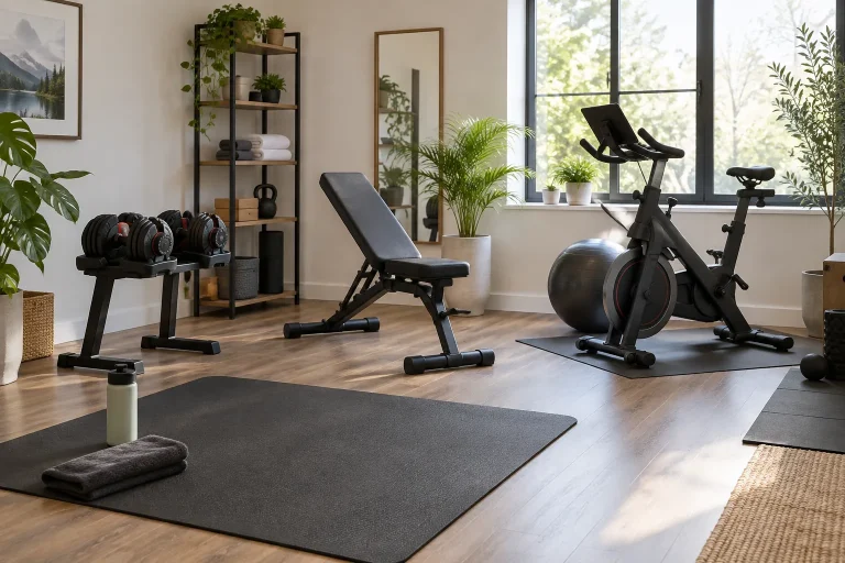 Une salle de sport maison rangée réunit tapis, haltères, banc et vélo stationnaire espacés.