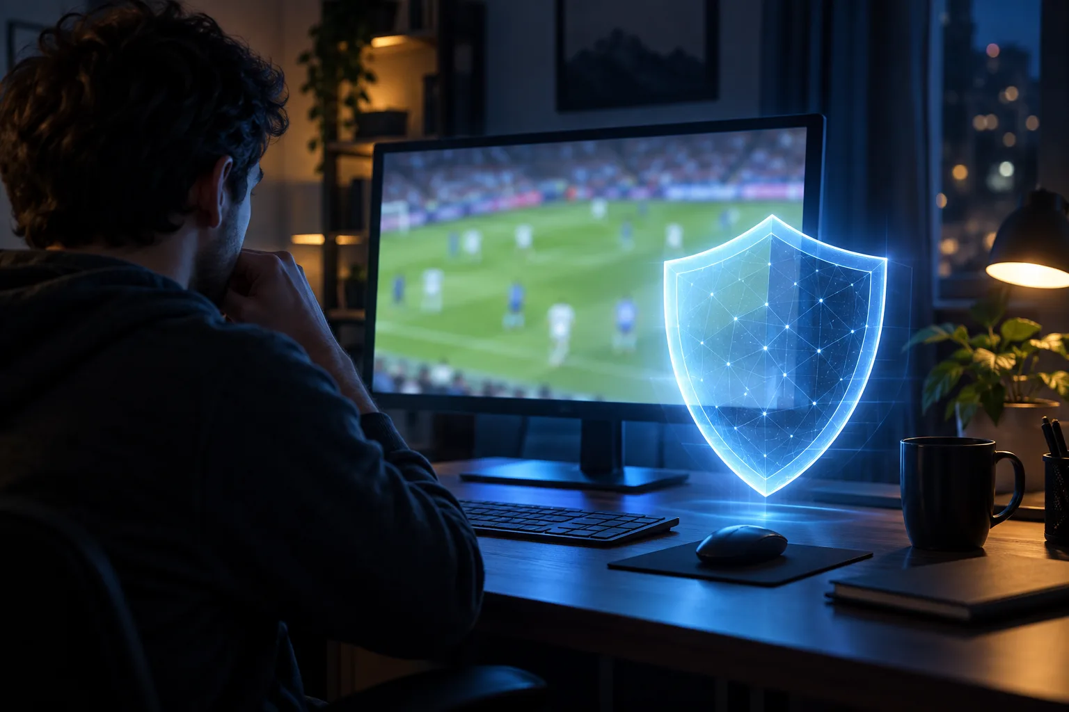 Un écran de sport flouté est associé à un bouclier de cybersécurité.