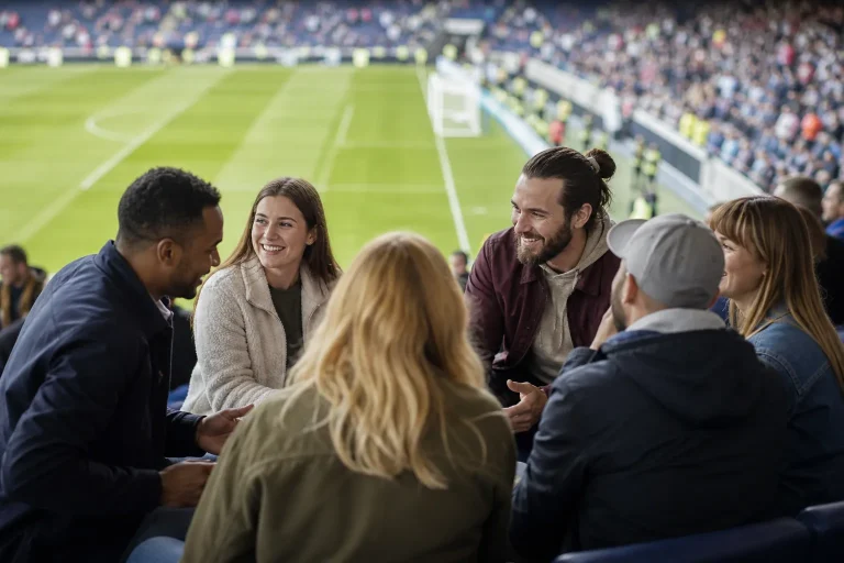 Un groupe de supporters discute dans les tribunes avec le terrain de football en arrière-plan.