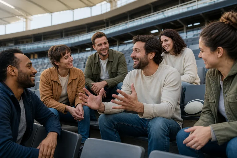 Un groupe de supporters échange dans les tribunes d’un stade avec un ballon de rugby posé à côté.