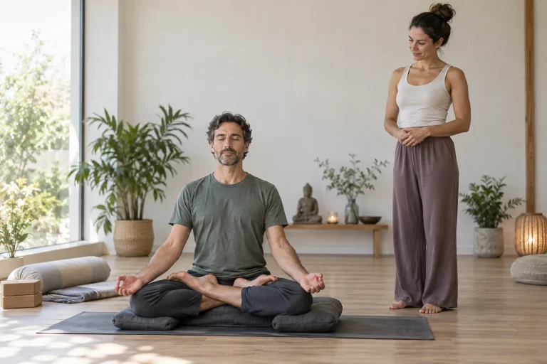 Un pratiquant expérimenté médite en lotus sur un tapis sous le regard d’une professeure.